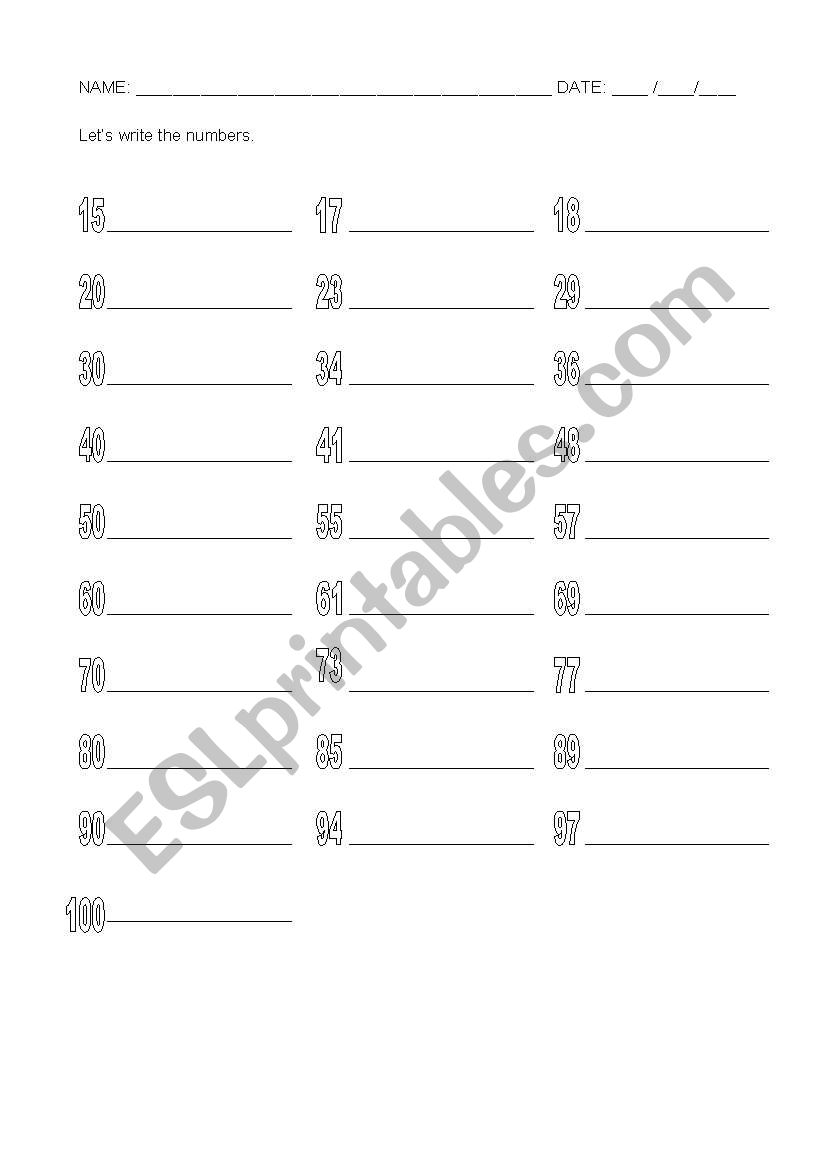 Numbers 1-100 worksheet