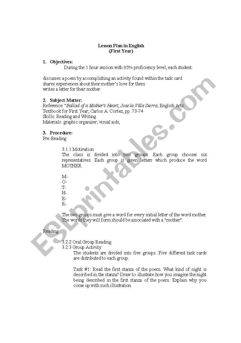 lesson plan in english worksheet
