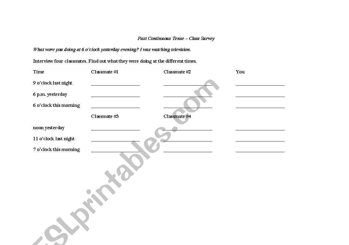 Past Continuous Survey worksheet