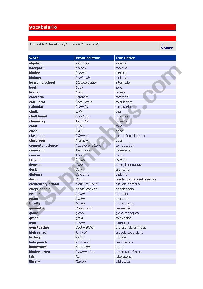 vocab school worksheet