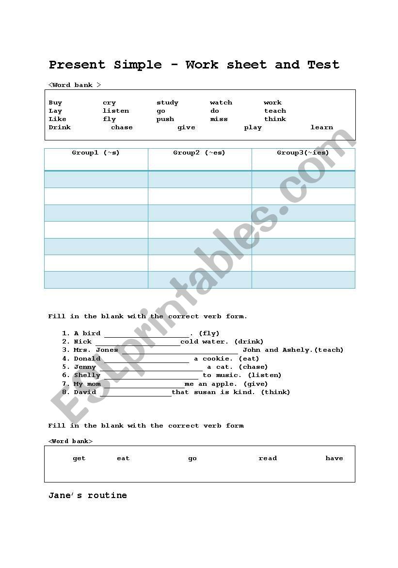 Present simples- worksheet and test