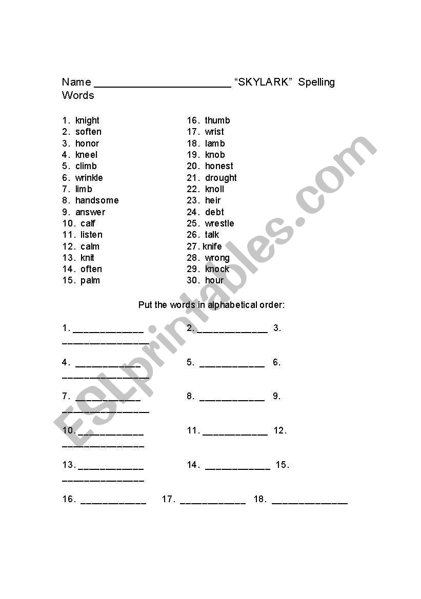 ABC order worksheet