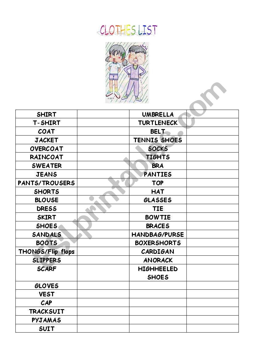 Clothes list worksheet
