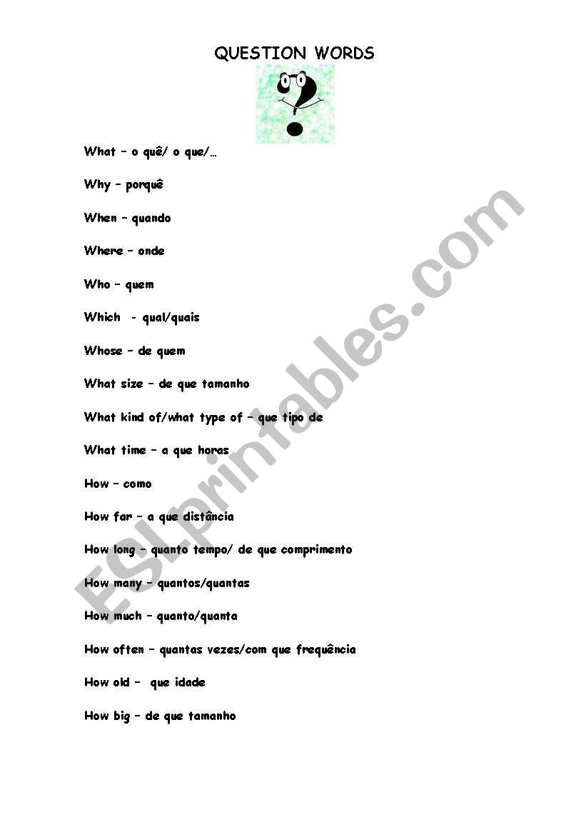 Question Words List worksheet