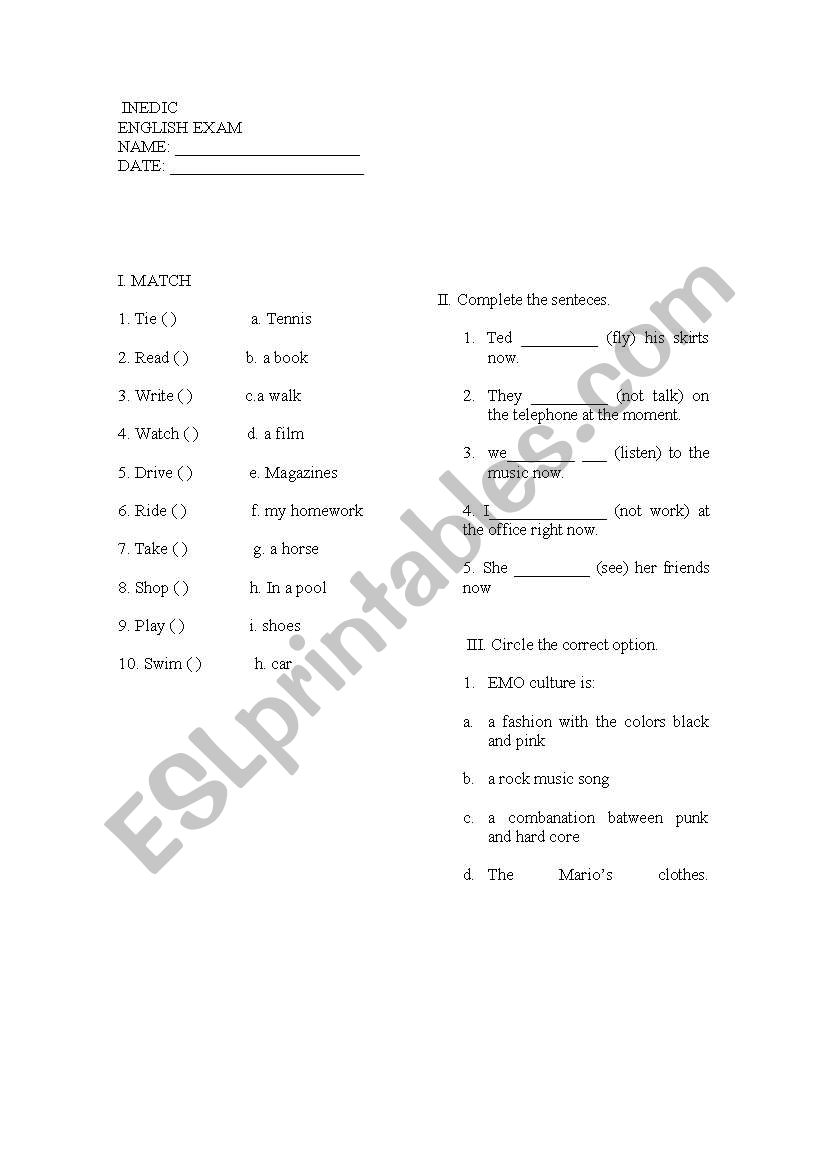 clothe exam, lesson plan worksheet