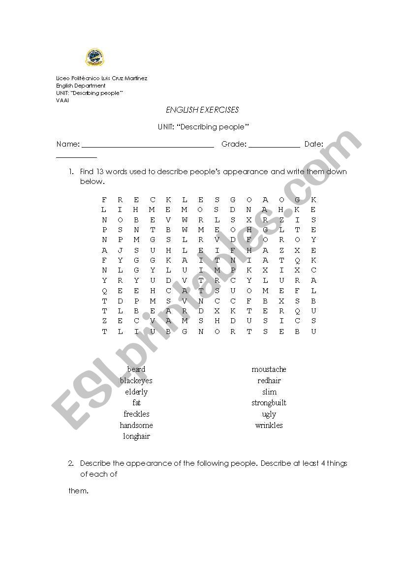 Describing people worksheet