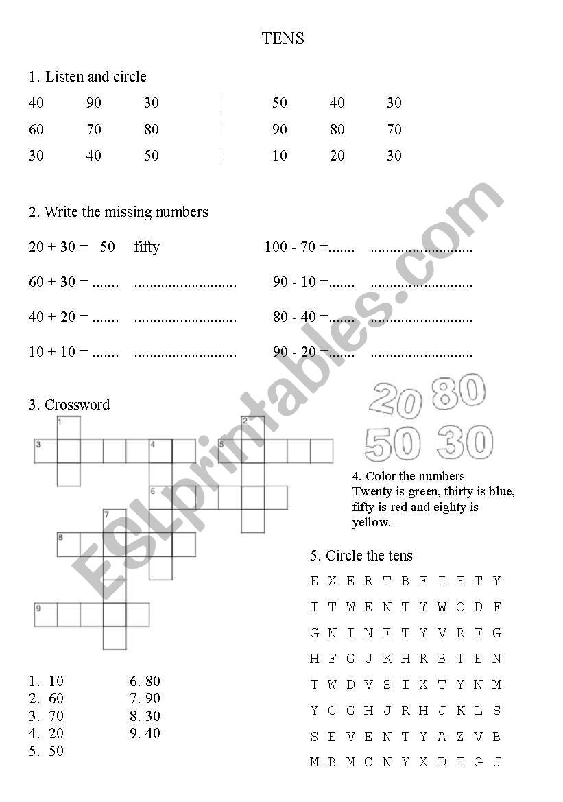 Numbers - From ten to ninety worksheet