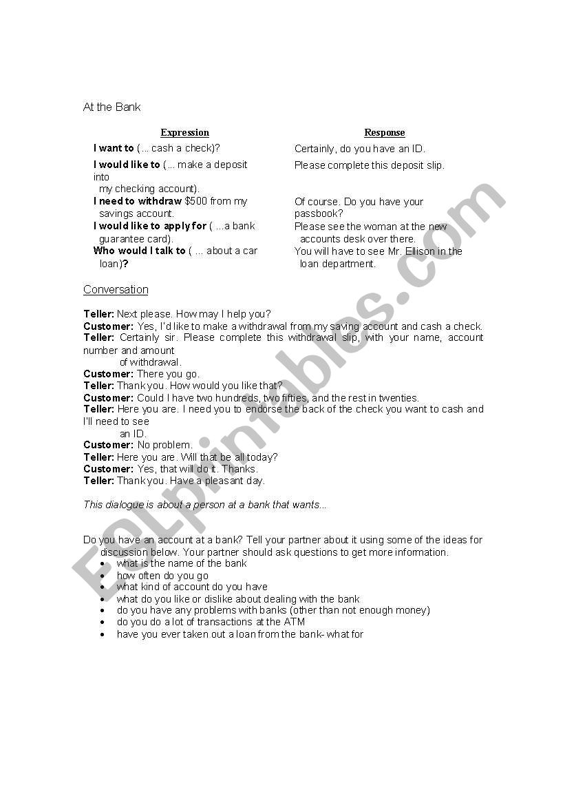 Bank Dialogue worksheet