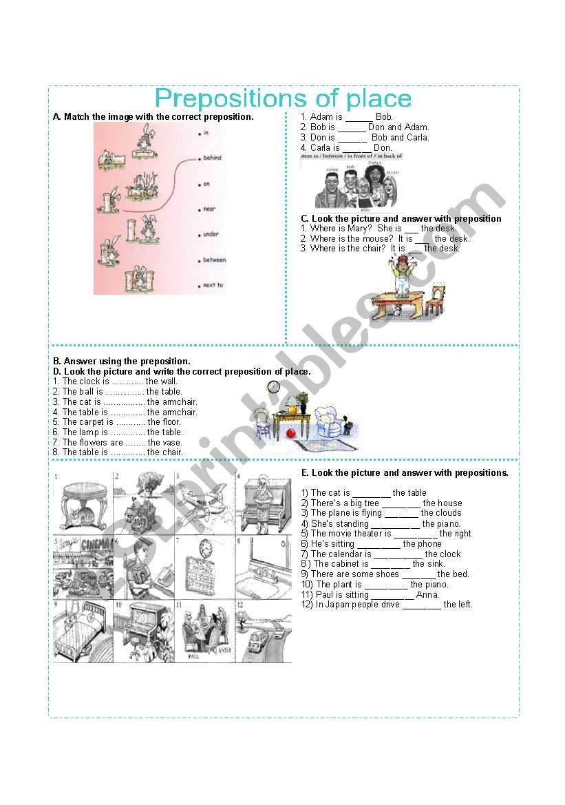 prepositions fo place worksheet