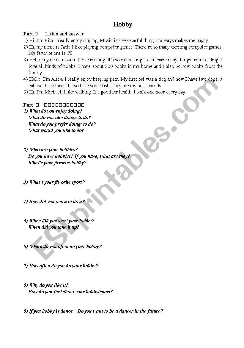 Hobbies worksheet