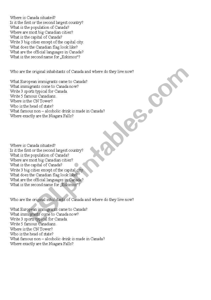 questions about Canada facts worksheet