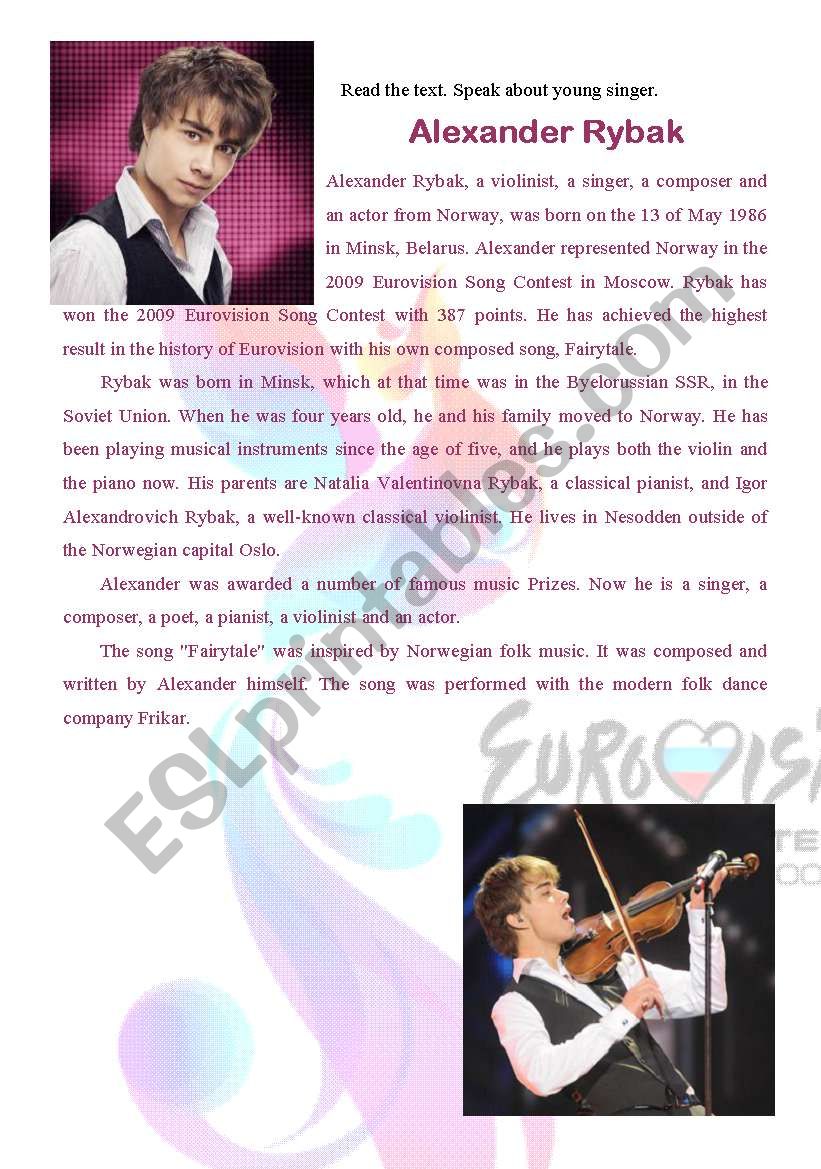 The text for reading and speakig about Alexander Rybak