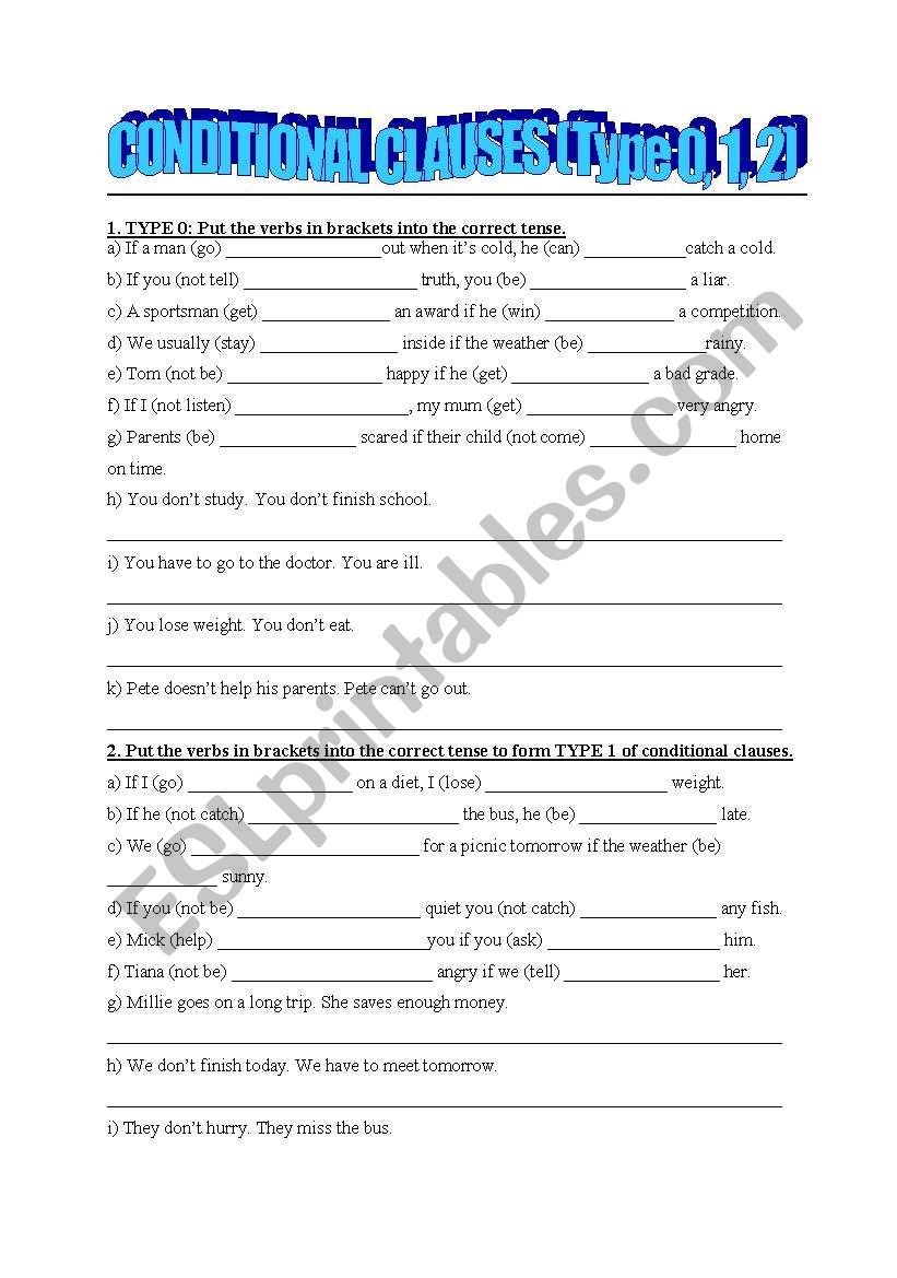 conditionals (types 0, 1, 2) worksheet