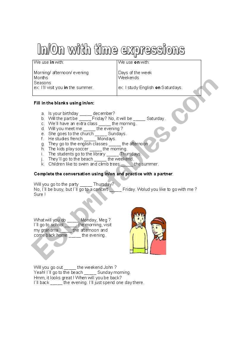 In/On with time expressions worksheet