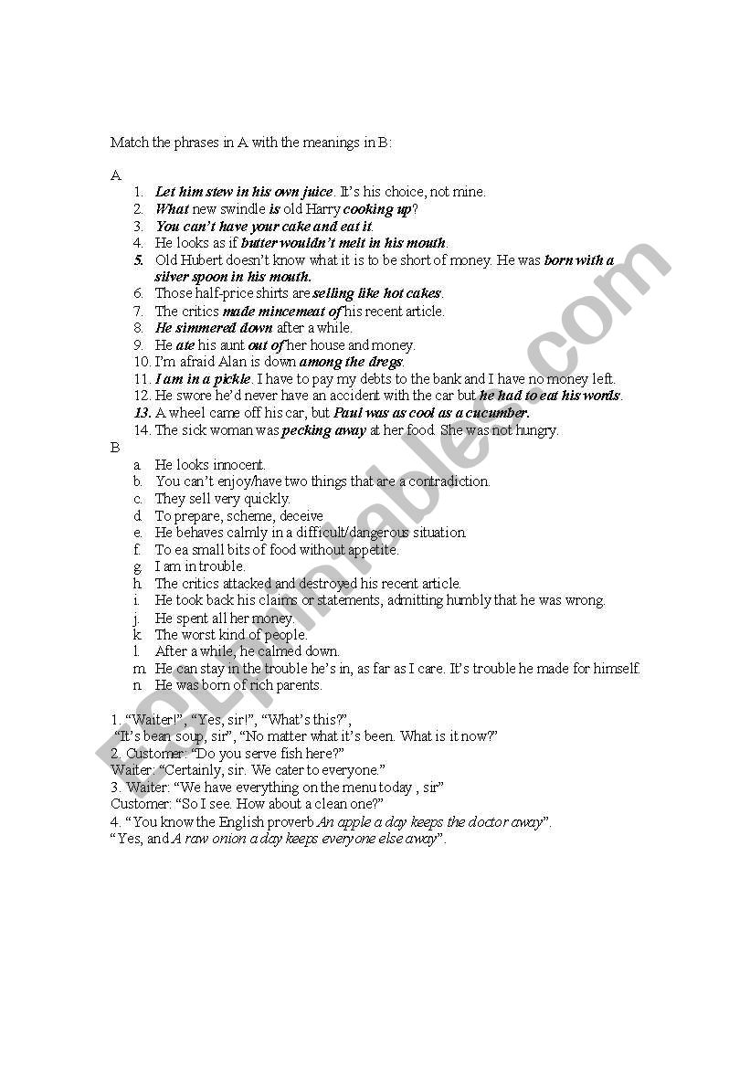idioms food worksheet
