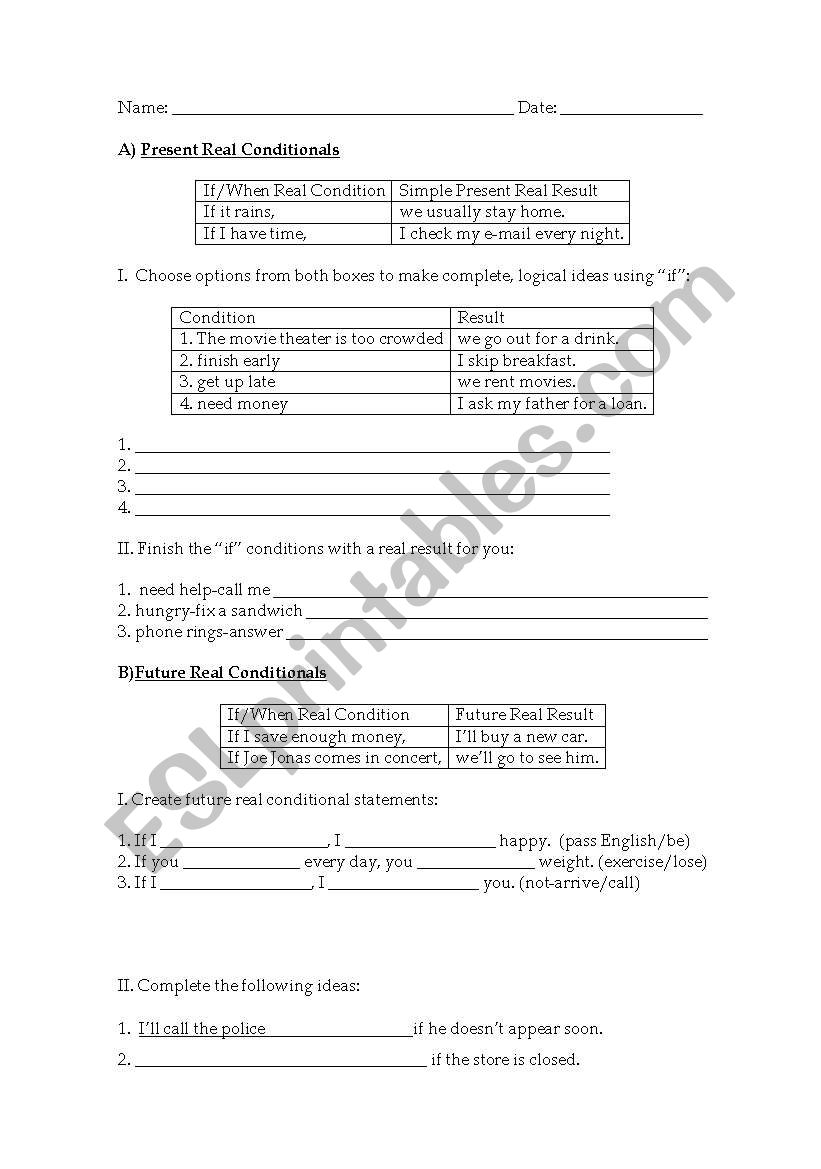 Present and Future Real Conditionals (cond. 0 and 1)