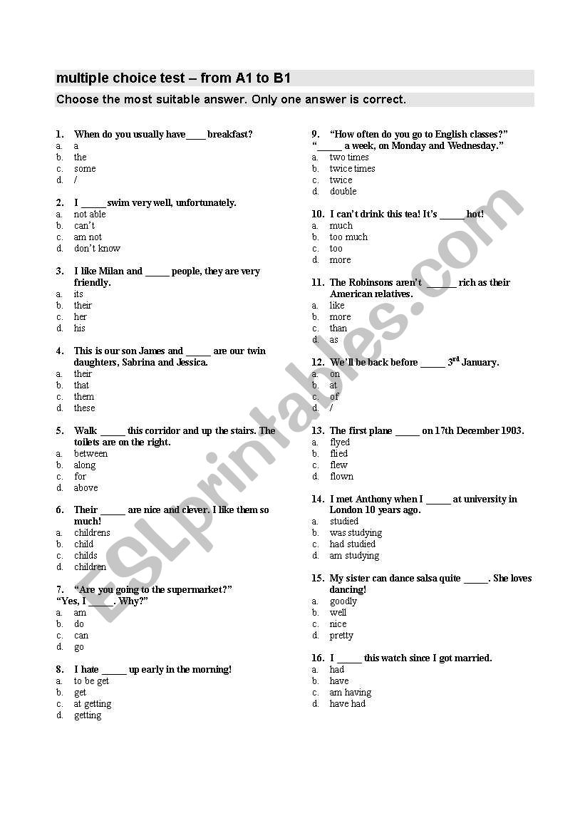 Multiple choice test - From A1 to B1 (with key)