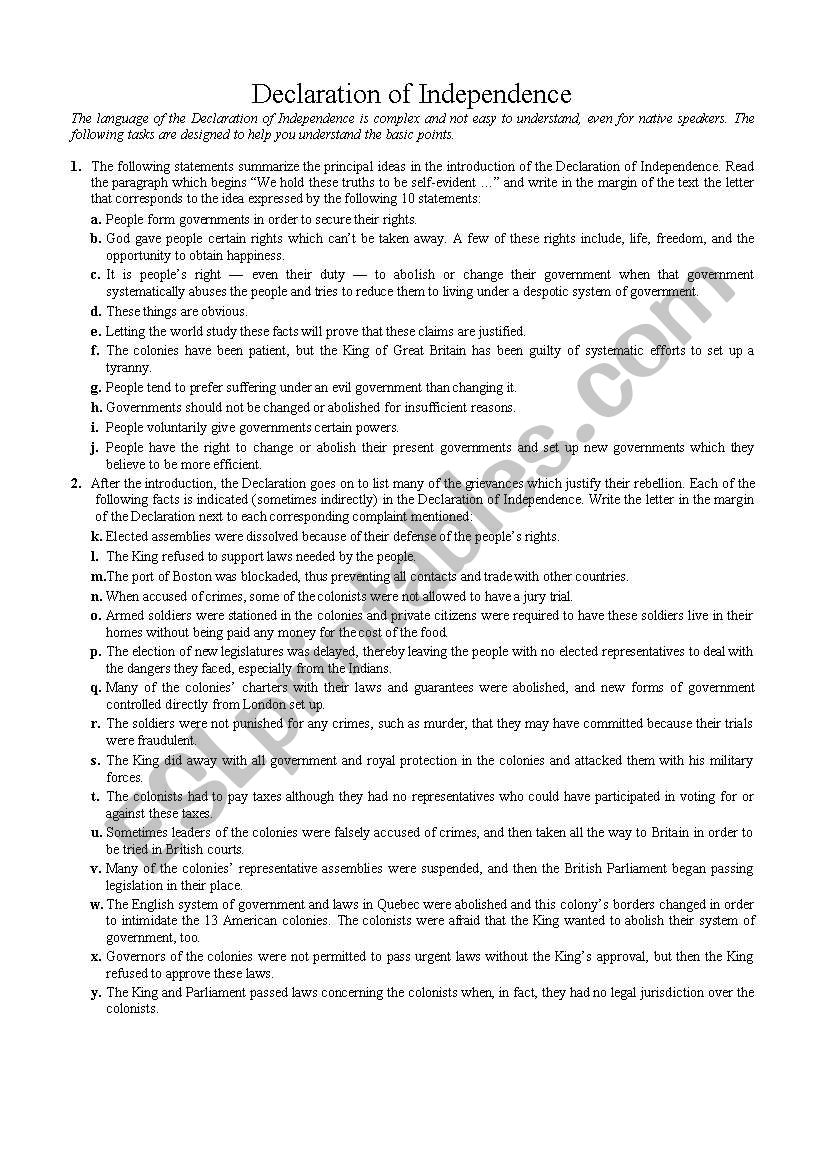 Declaration of Independence - ESL worksheet by dennypackard Pertaining To Declaration Of Independence Worksheet Answers
