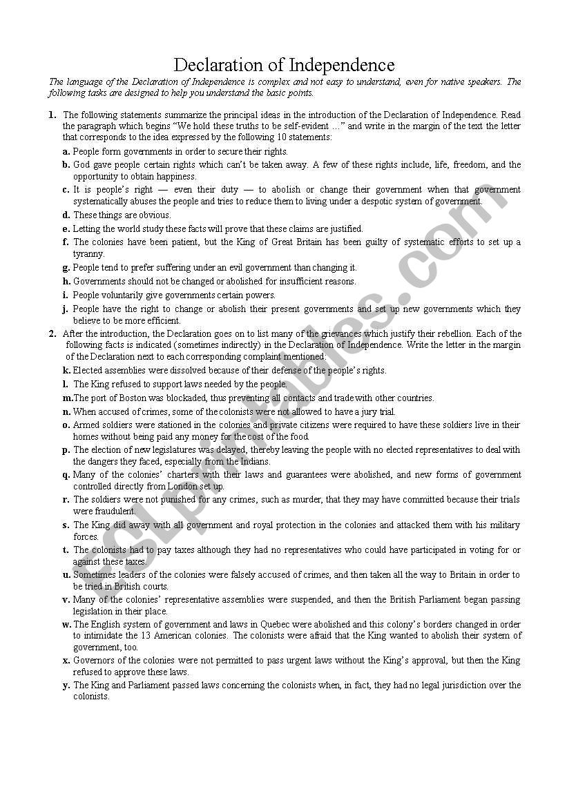 Declaration Of Independence Worksheet Answers