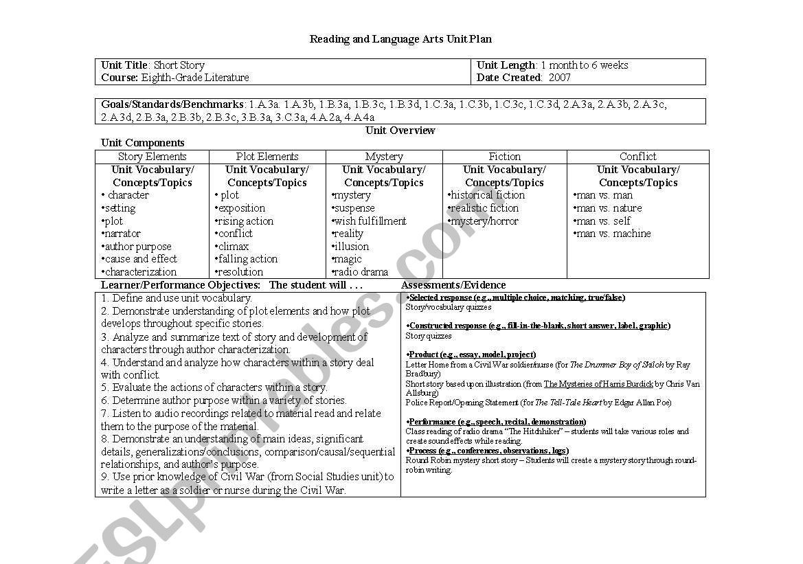 short story unit plan worksheet