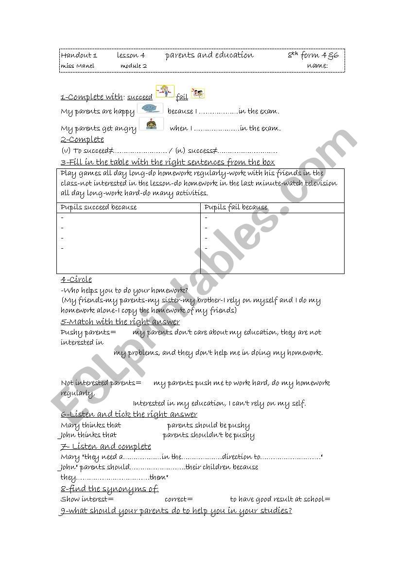 PARENTS AND EDUCATION worksheet