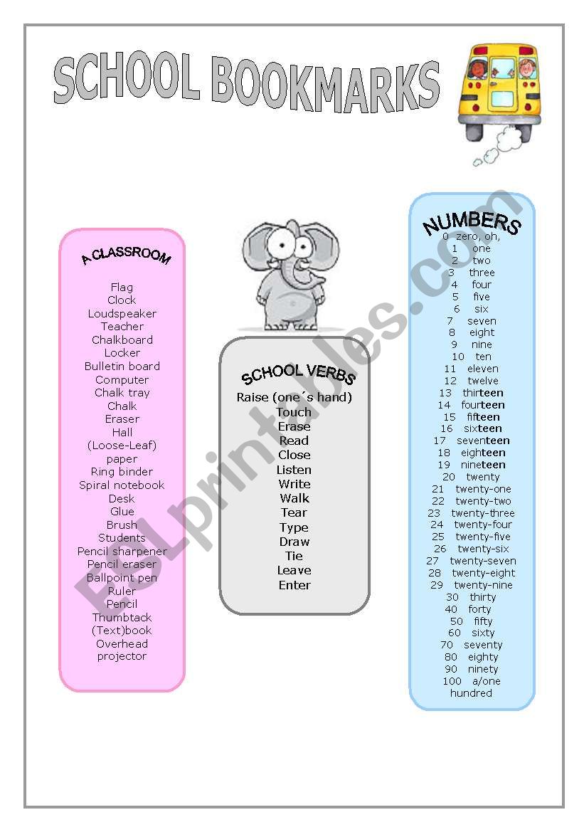 School BOOKMARKS worksheet