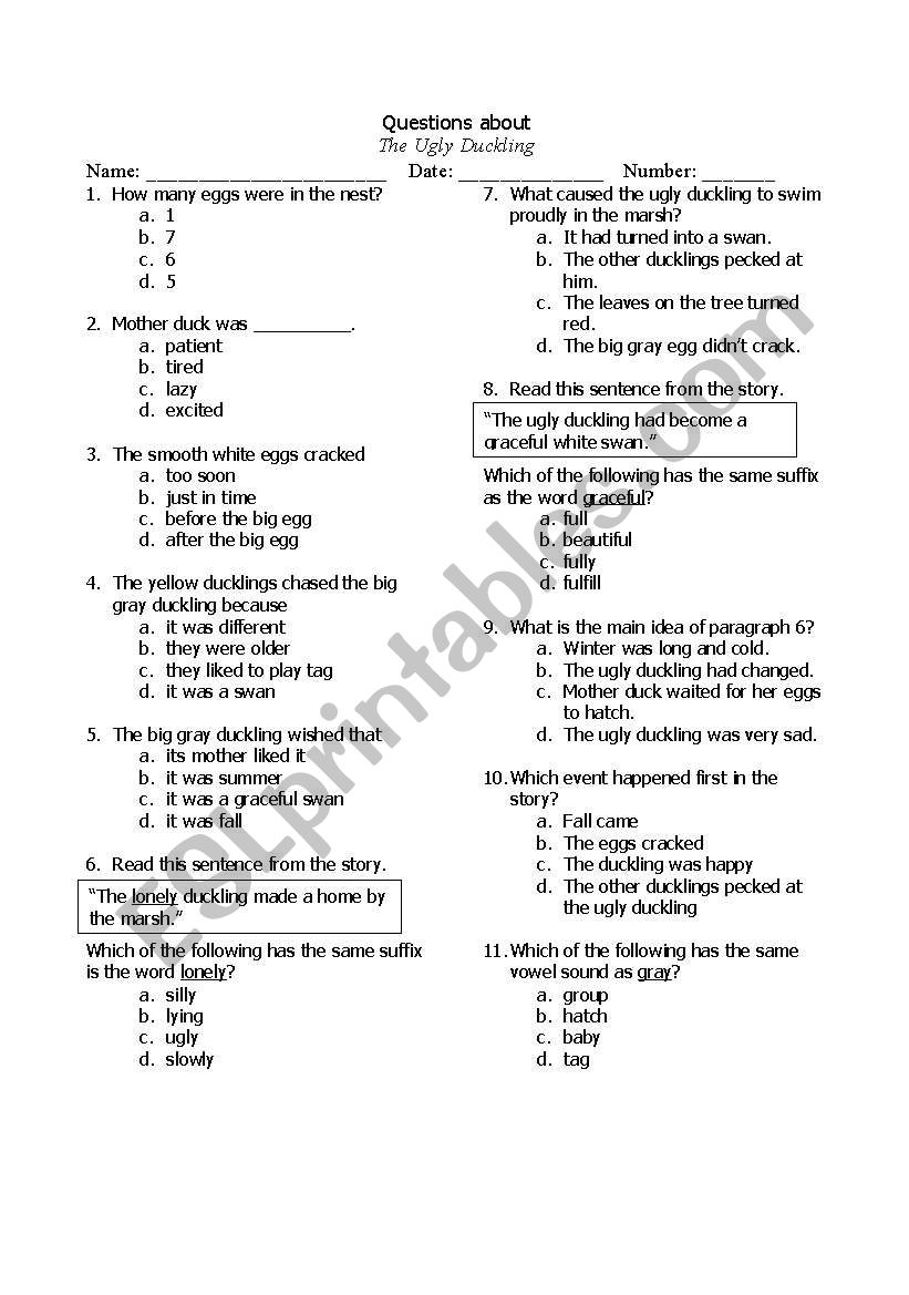 The Ugly Duckling Reading Test Questions