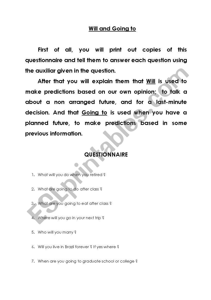 Will and Going to worksheet