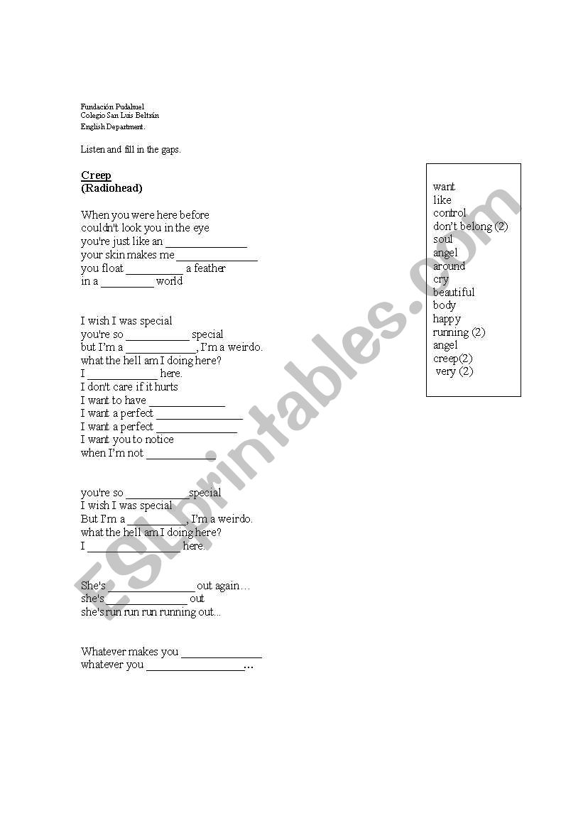 creep / Radiohead worksheet