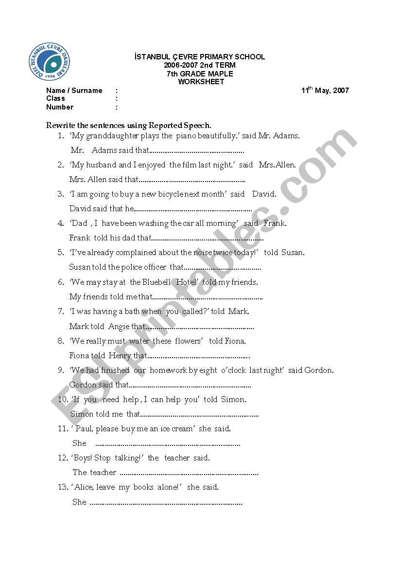 REPORTED SPEECH worksheet