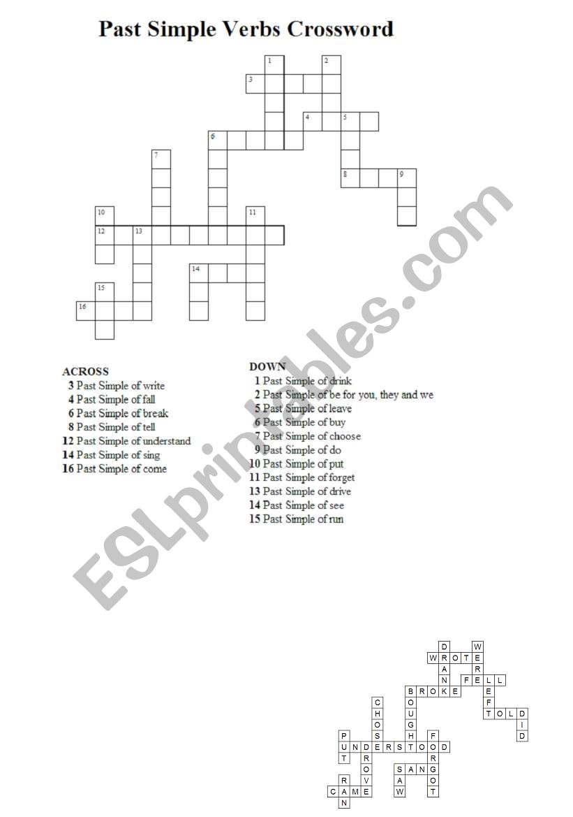 Past Simple Irregular Verbs - Crossword (with answers)