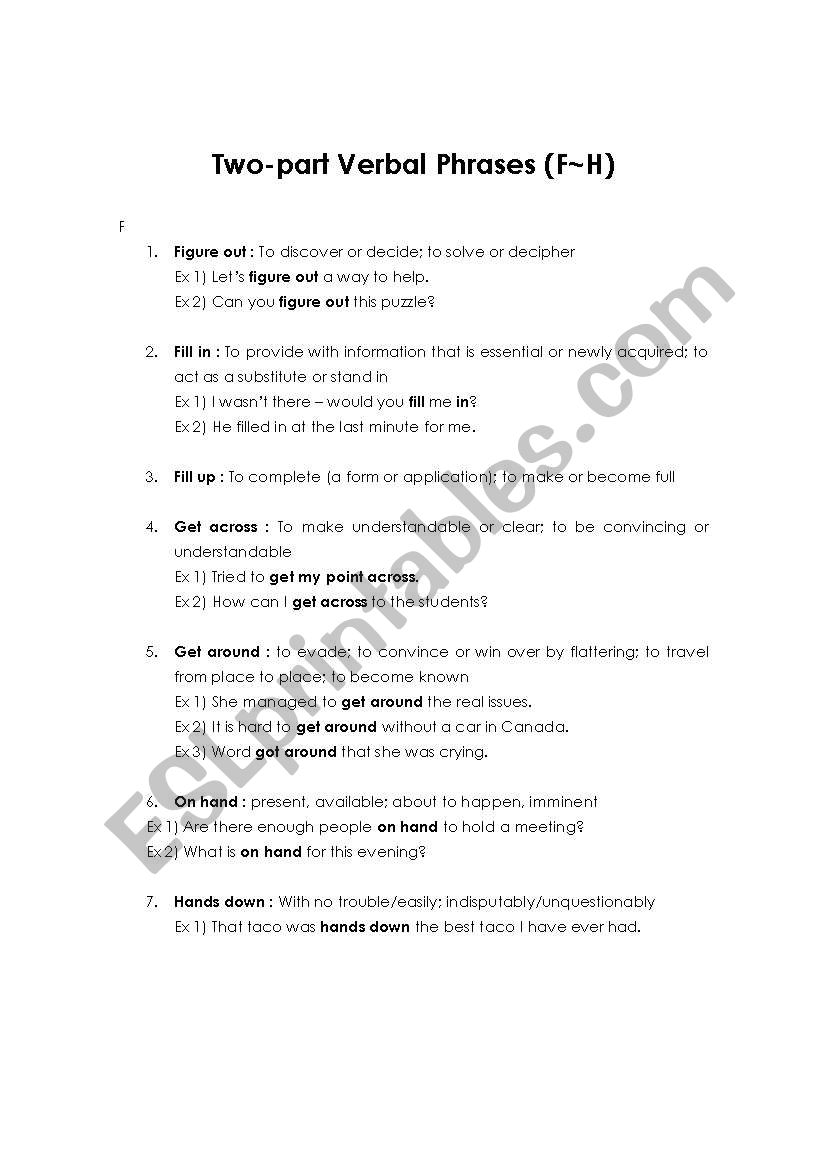 Verbal Phrases (F~H) worksheet