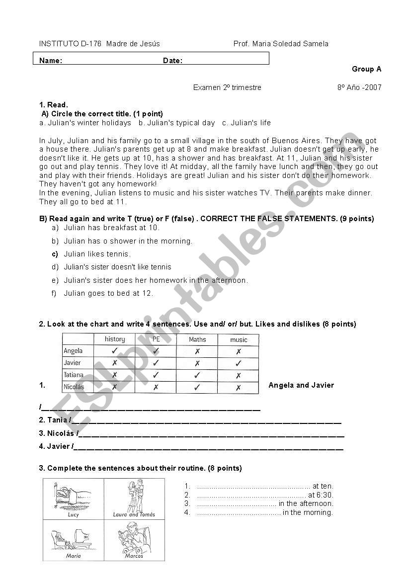 Test present simple routine worksheet