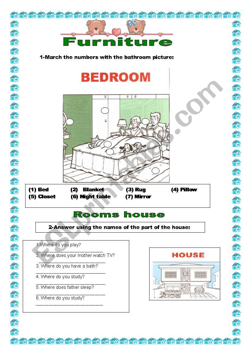 Bedroom and rooms house worksheet