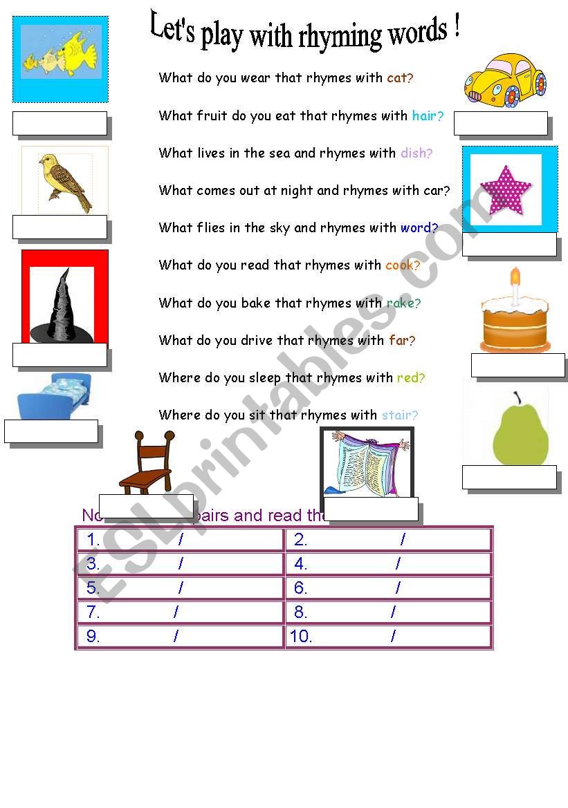 Playing with rhyming words worksheet