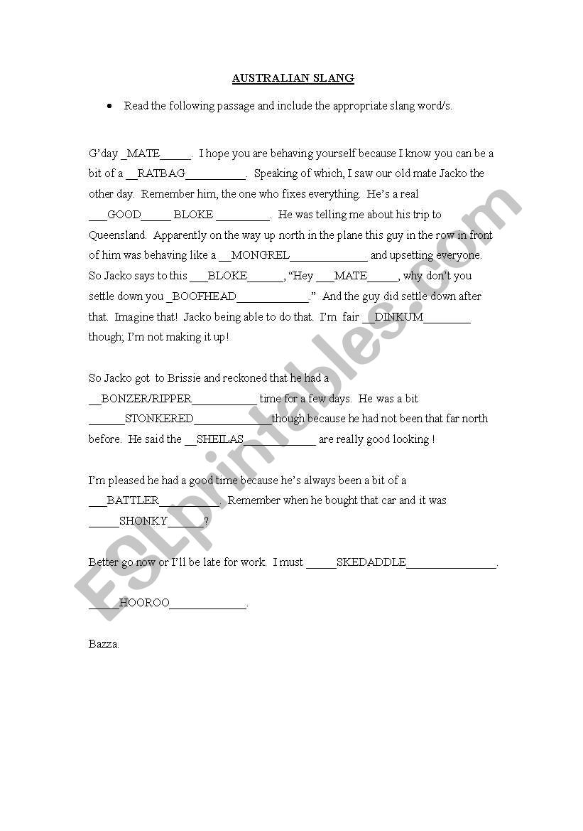 aussie slang worksheet