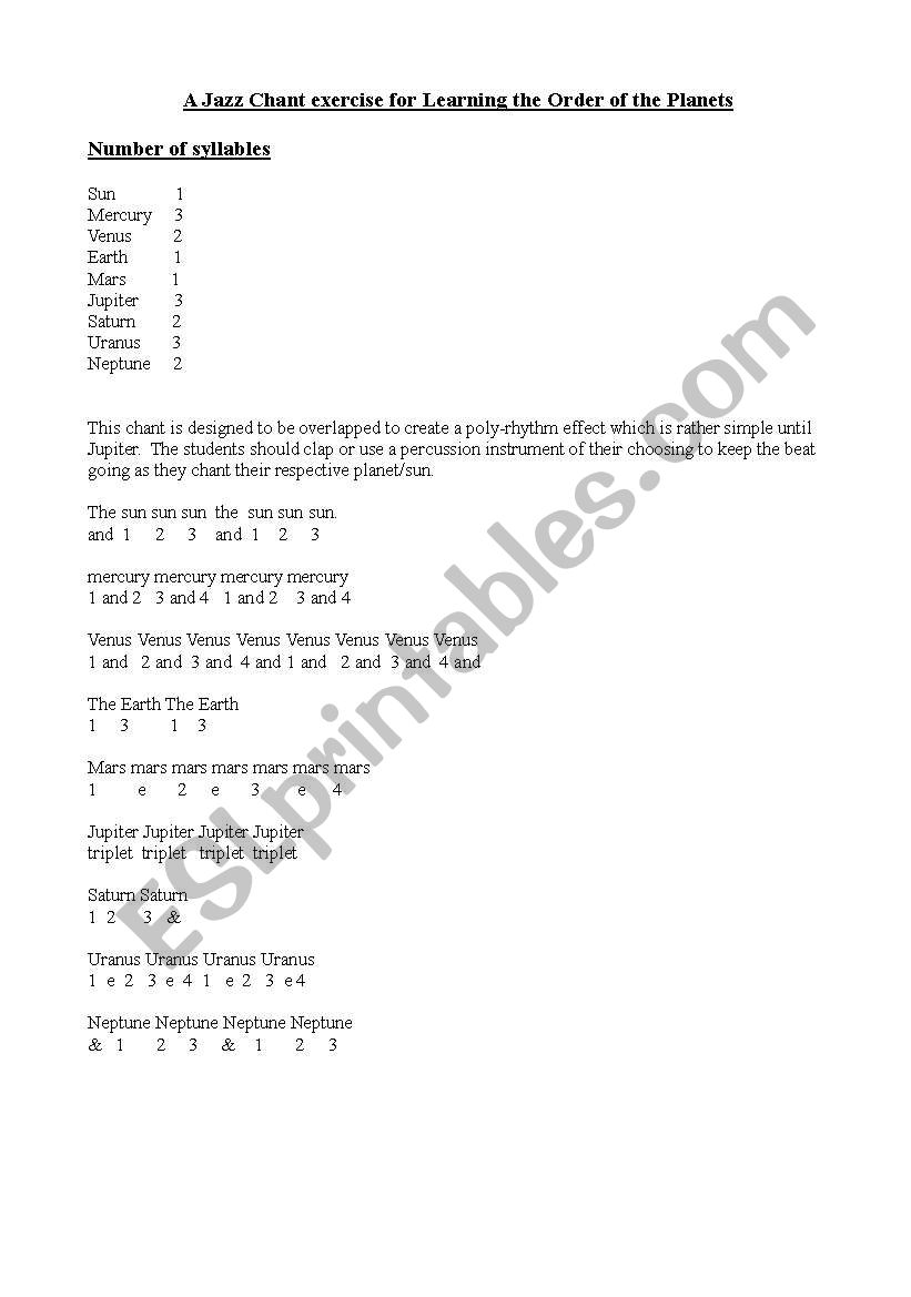 Planets Jaz Chant worksheet