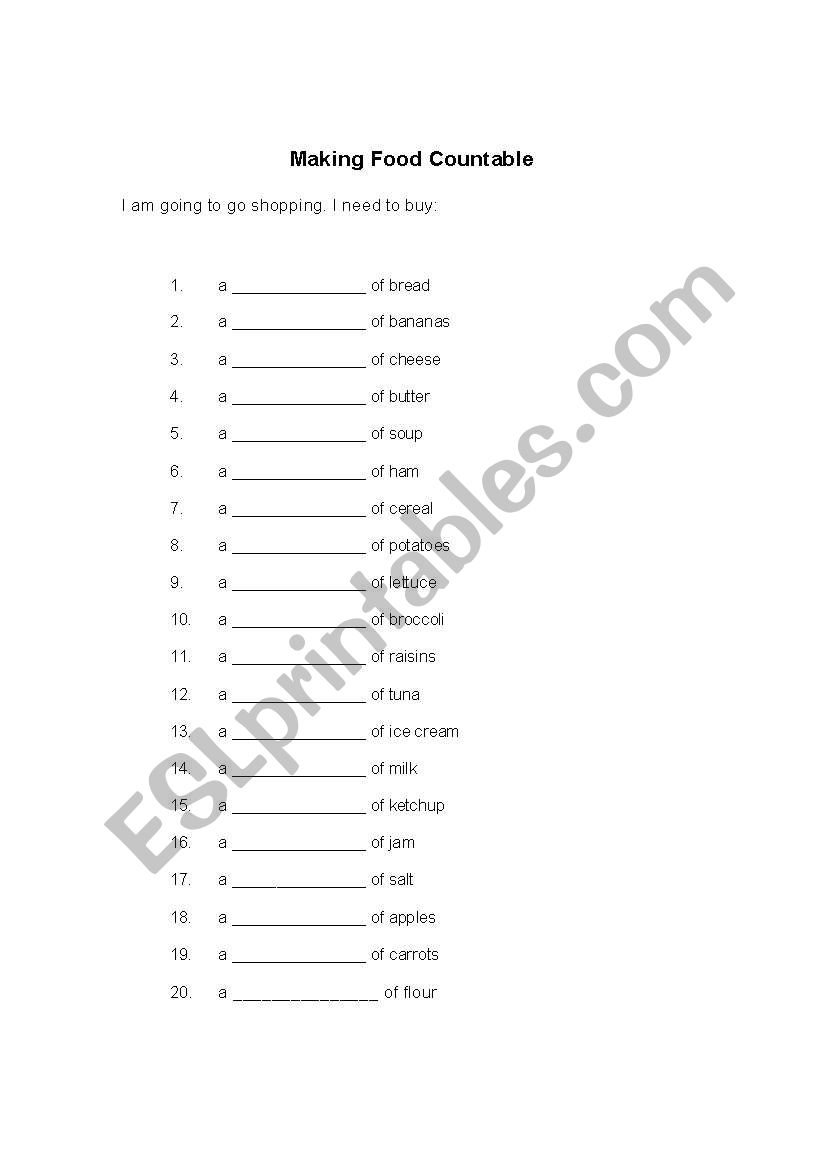 Making Food Countable worksheet