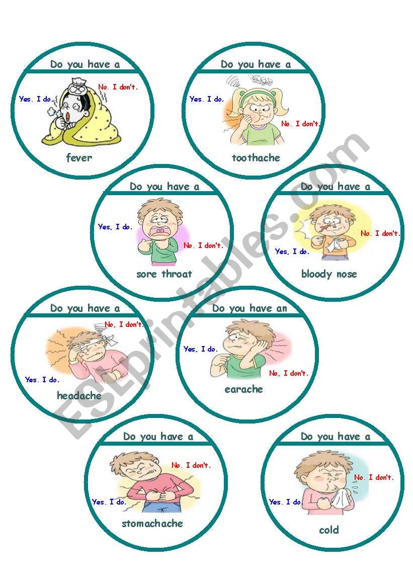 Sicknesses game cards worksheet