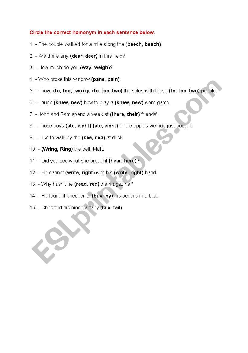 Homonyms worksheet