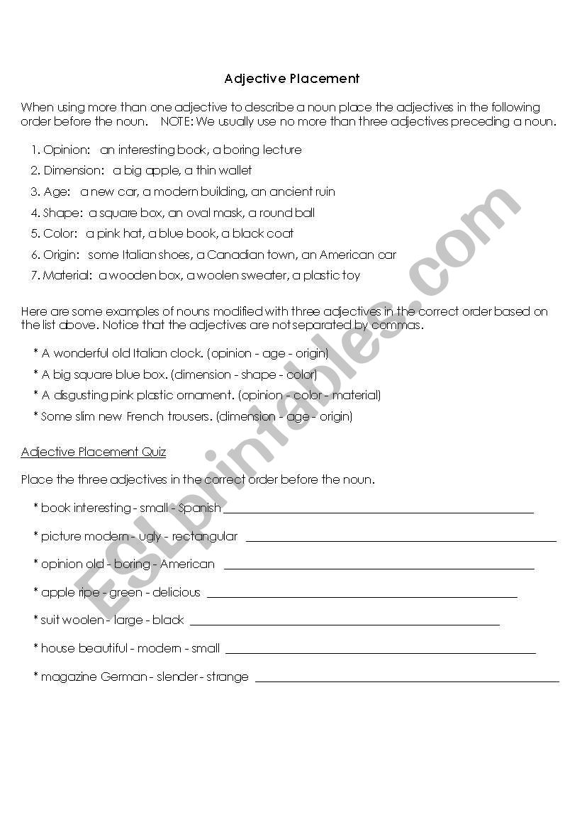 Adjective placement worksheet