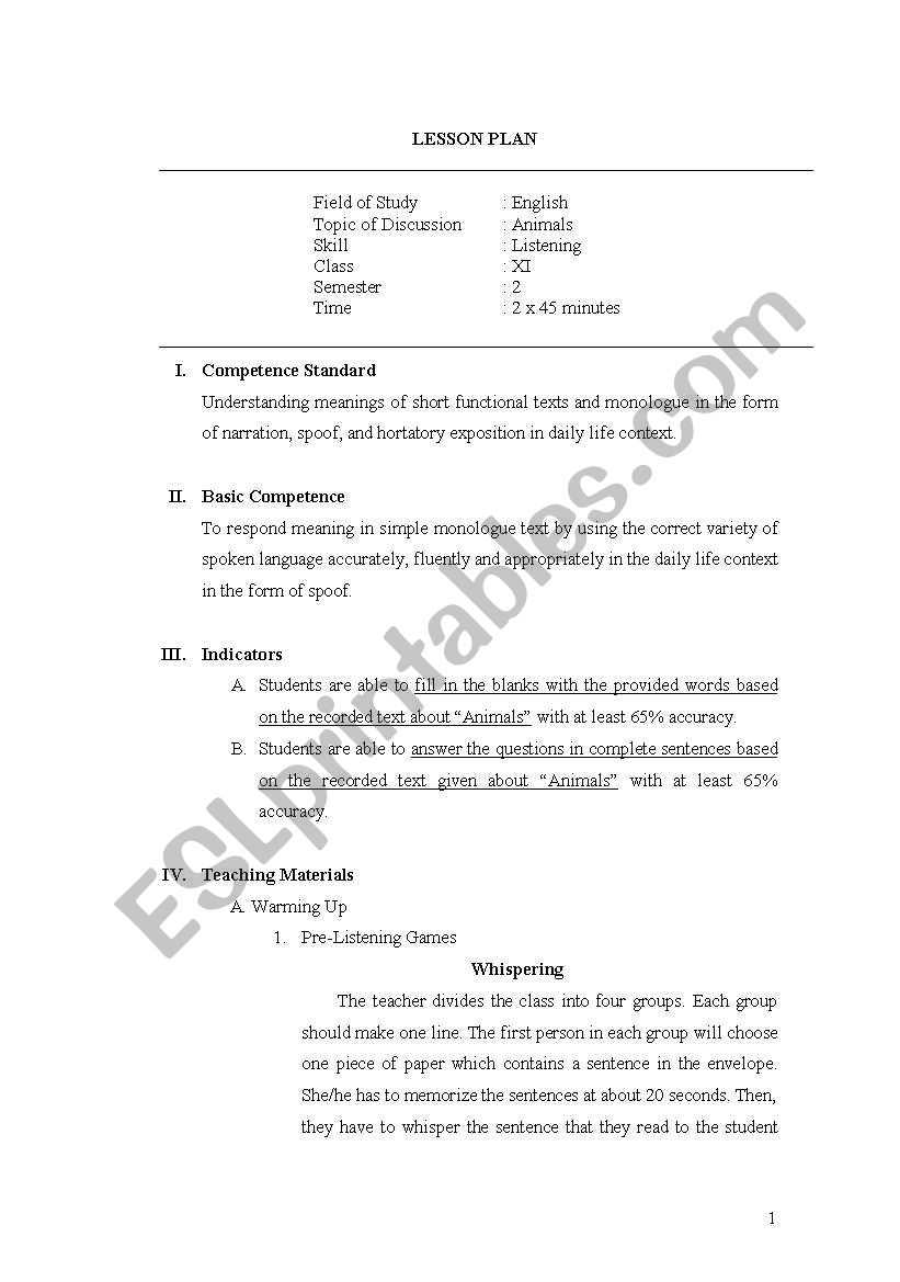 listening lesson plan worksheet