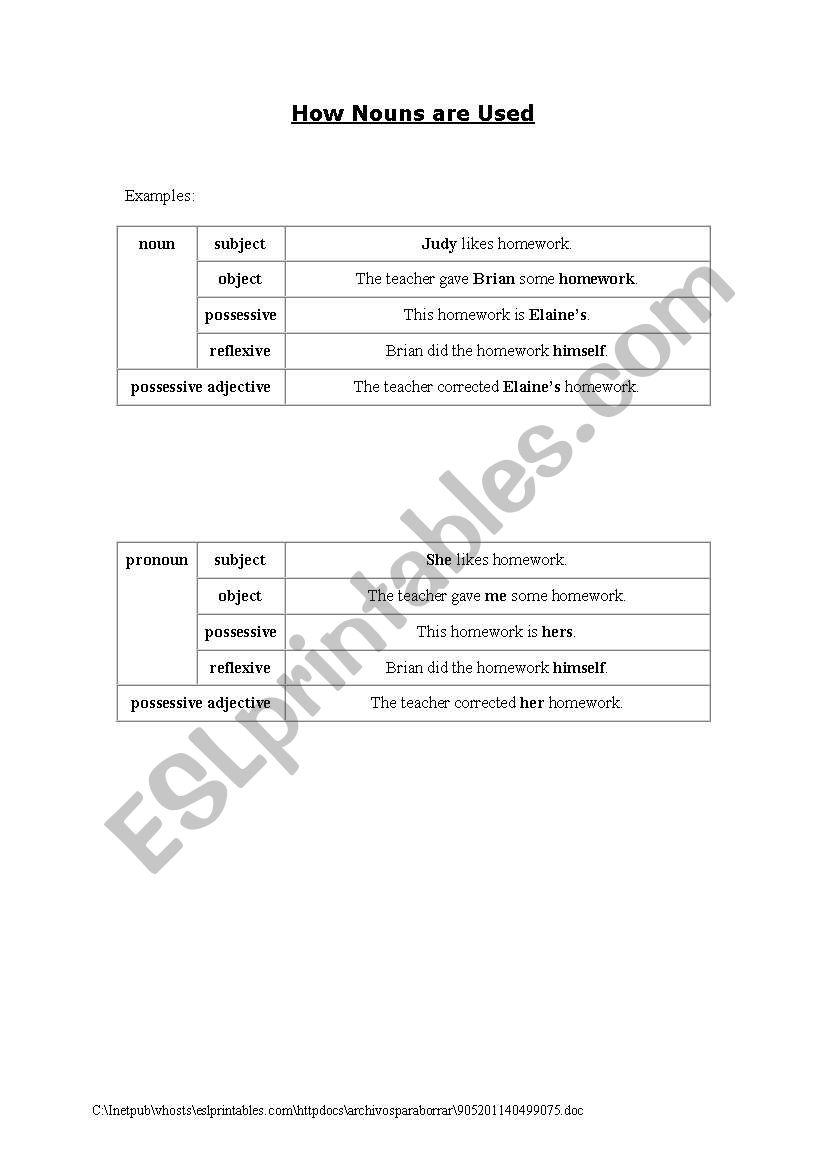 How Nouns are Used worksheet