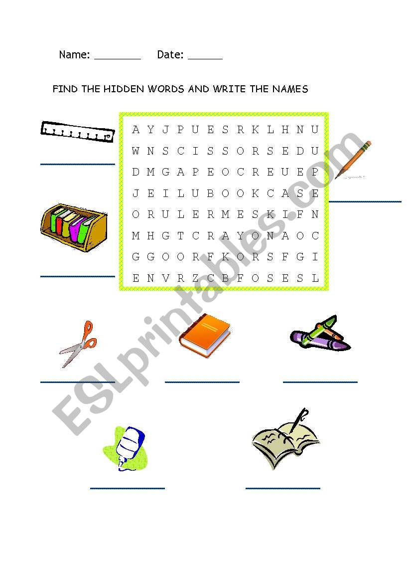 Wordsearch classroom objects worksheet