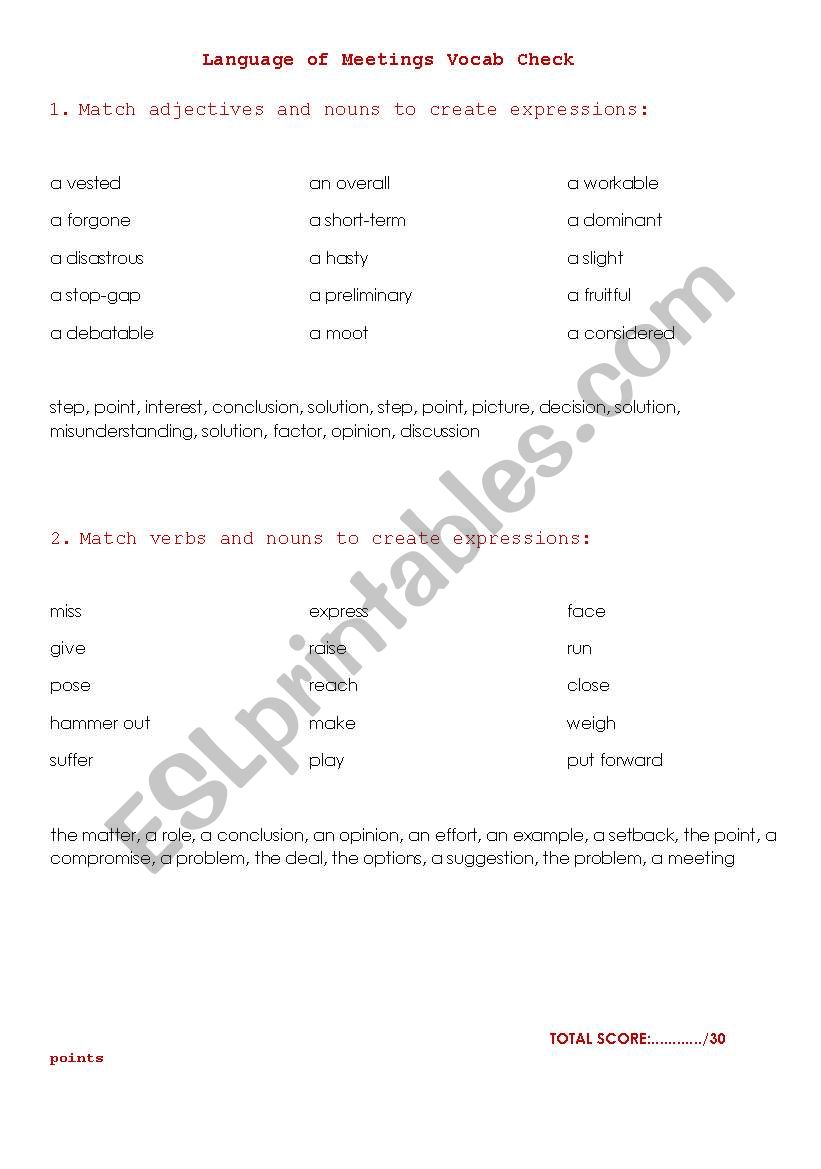 Language of Meetings worksheet