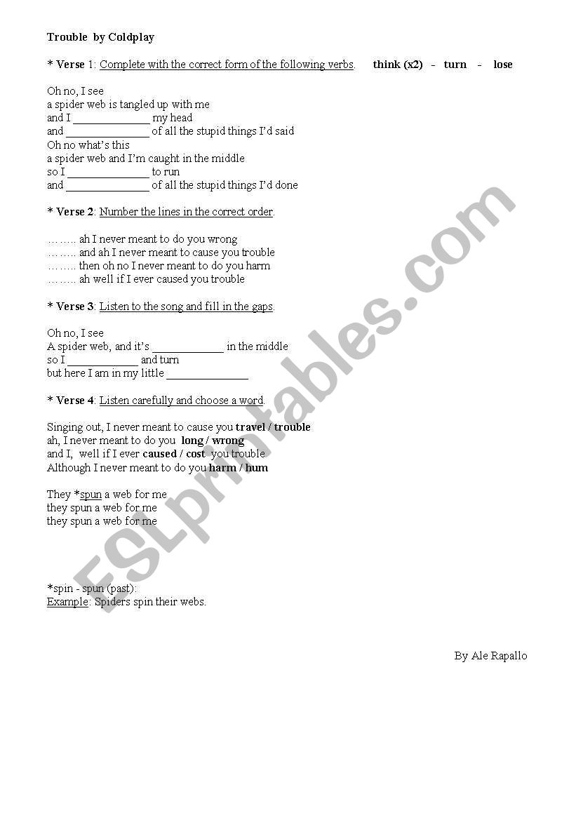 Trouble by Coldplay worksheet