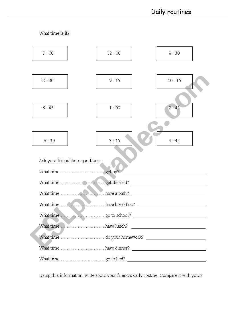 Daily routines and time worksheet
