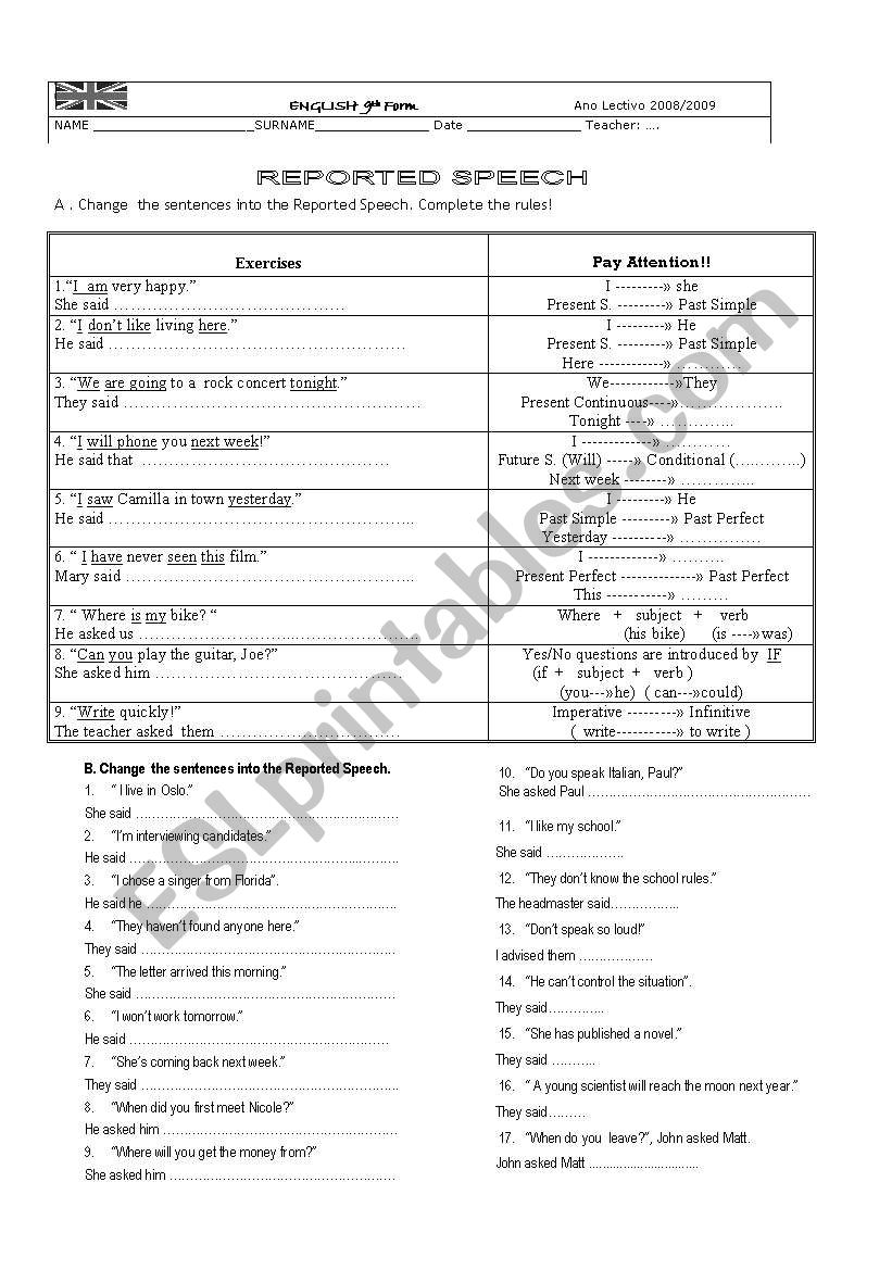 Reported Speech- worksheet worksheet