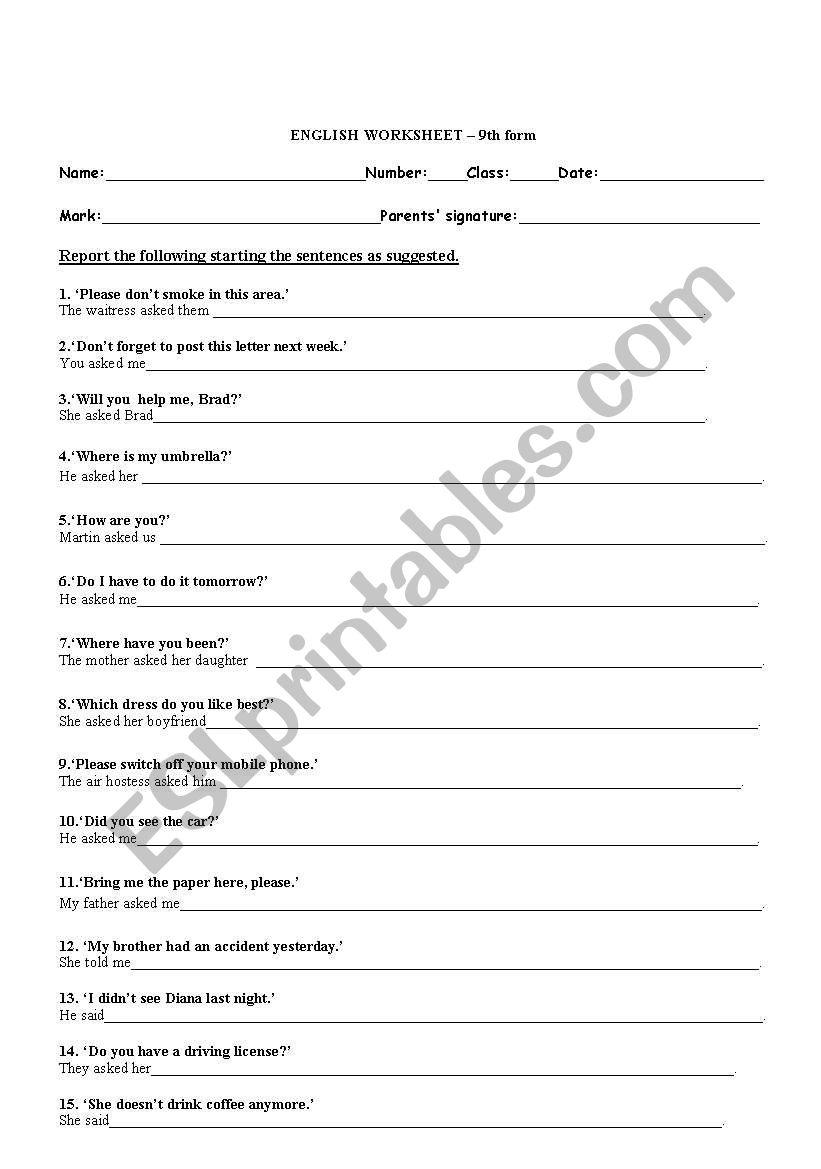 worksheet on reported speech worksheet