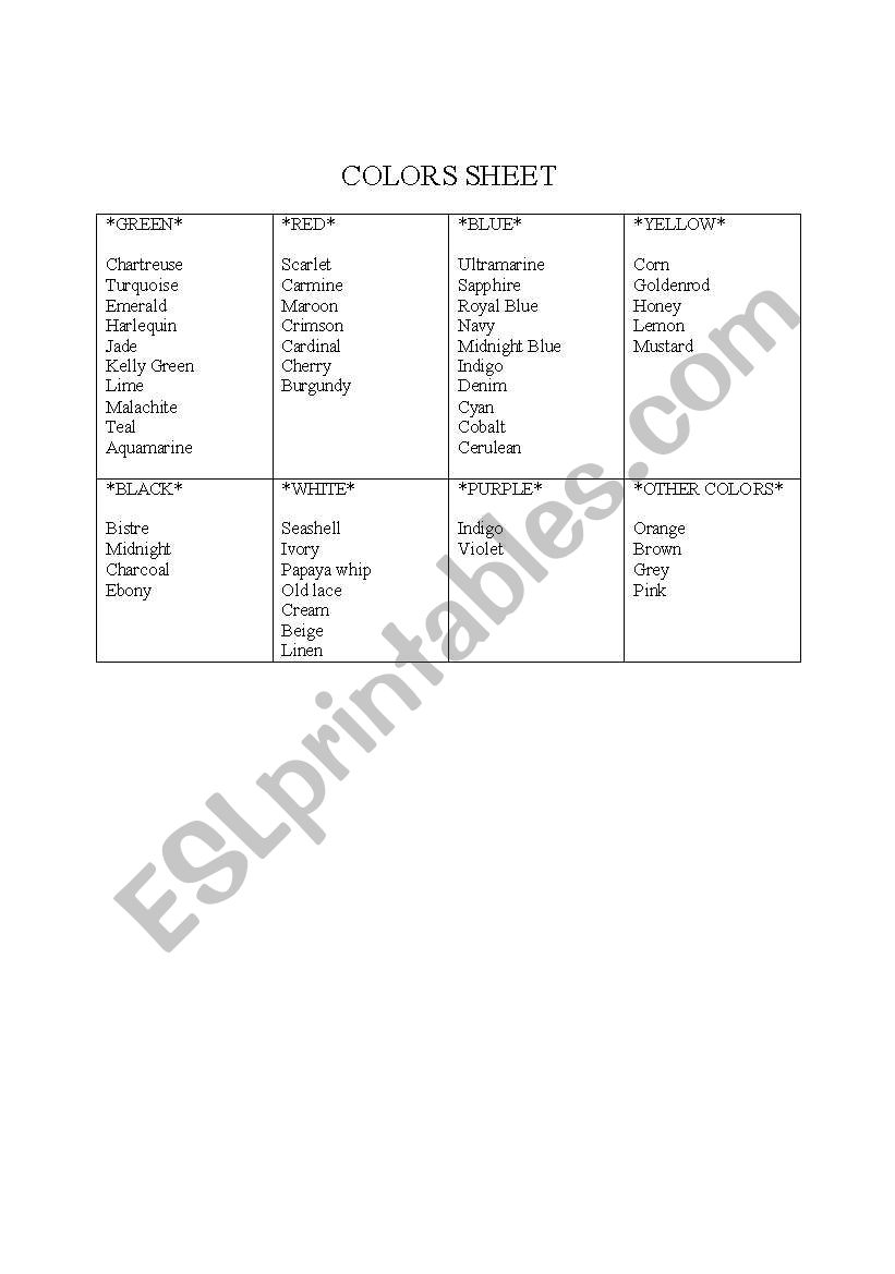 Colour List worksheet